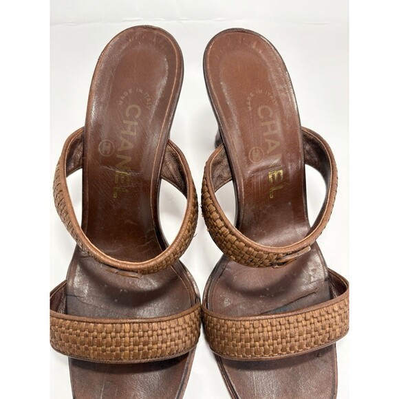Chanel Brown Leather & Raffia Strap Heels Sandals CC Logo Vintage Sz EU 36 6 - Picture 8 of 13